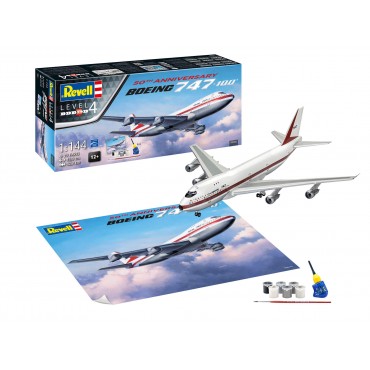 KIT PARA MONTAR REVELL AVIÃO COMERCIAL BOEING 747-100 50TH ANNIVERSARY 1/144 79 PEÇAS 48 CM COMPLETO COM TINTA COLA E PINCEL REV 05686